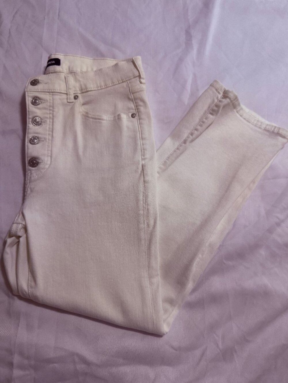 Express White Denim Jeans Size 12R High Rise Multi Button Fly Cropped Flare Leg